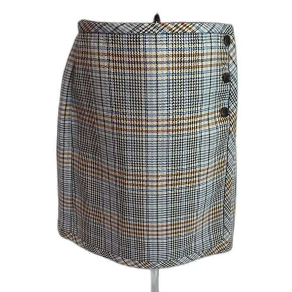 Talbots A-Line Skirt Women Size 10 Blue/Brown Windy Plaid Faux Wrap Knee Length - Picture 12 of 12